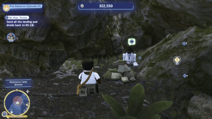 The second droid is hiding in a small cave, which you can enter through the stone stairs at the edge of the map - LEGO Skywalker Saga: No Way Toojay - walkthrough - LEGO Skywalker Saga: Ajan Kloss - resistance camp - LEGO Skywalker Saga Guide