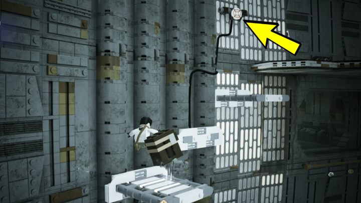 Then shoot the round target so that the white brick comes out of the wall - LEGO Skywalker Saga: Gonkwards and Upwards - walkthrough - LEGO Skywalker Saga: Kef Bir - Disaster site - LEGO Skywalker Saga Guide