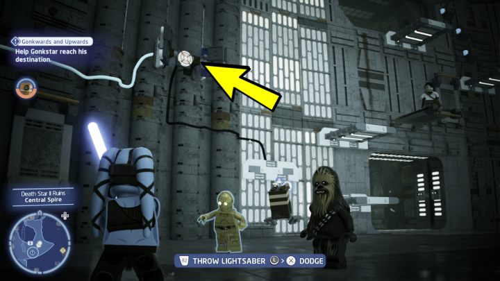 In the last section, you first have to pull out the white brick from the wall, the one next to which the quest giver is standing - LEGO Skywalker Saga: Gonkwards and Upwards - walkthrough - LEGO Skywalker Saga: Kef Bir - Disaster site - LEGO Skywalker Saga Guide