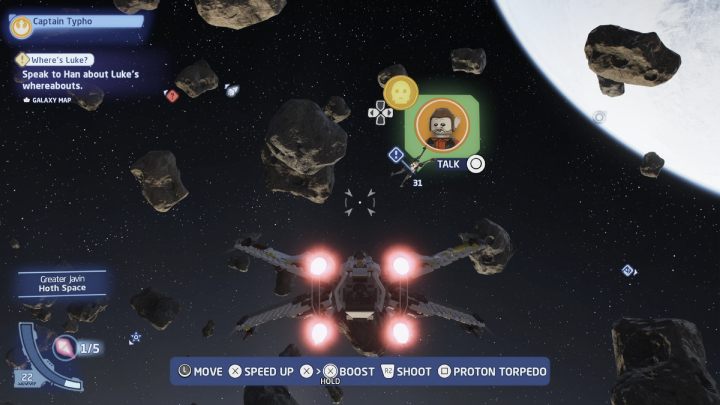 Enter Hoth's local space and talk to the pilot while playing as a protocol droid - LEGO Skywalker Saga: A Run for Nunb - walkthrough - LEGO Skywalker Saga: Hoth - local space - LEGO Skywalker Saga Guide