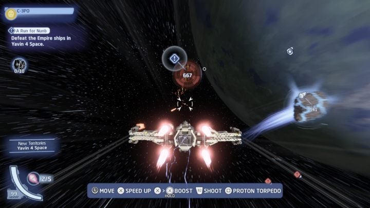 Once you finally reach Yavin 4's local space, approach the questgiver's ship and shoot down all Imperial ships - LEGO Skywalker Saga: A Run for Nunb - walkthrough - LEGO Skywalker Saga: Hoth - local space - LEGO Skywalker Saga Guide