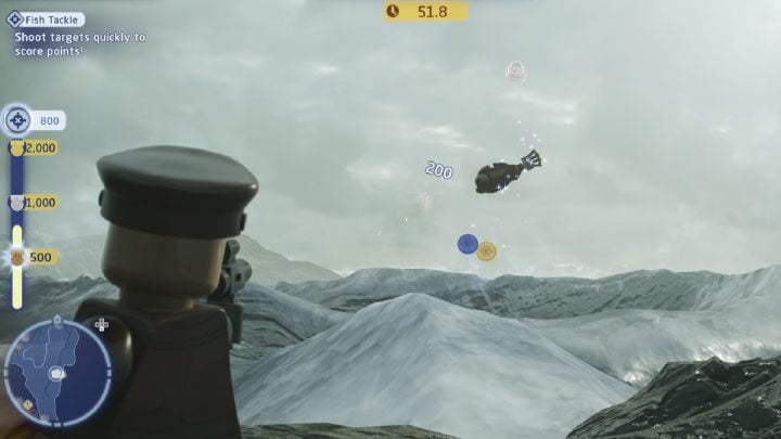 The trial is about scoring as many points as possible by shooting the fish that pop out of the water - LEGO Skywalker Saga: Kef Bir - trials, walkthrough - LEGO Skywalker Saga: Trials - LEGO Skywalker Saga Guide