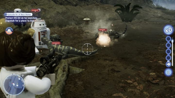 While following the droid switch to a character equipped with a blaster, letting you easily defend it from wild animals - LEGO Skywalker Saga: Episode IV: A New Home - walkthrough - LEGO Skywalker Saga: Dagobah - Dragonlance Swamp - LEGO Skywalker Saga Guide