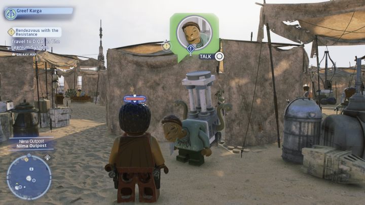While controlling the Bounty Hunter, talk to the NPC at the market in Niima - LEGO Skywalker Saga: Scurrier Courier - walkthrough - LEGO Skywalker Saga: Jakku - Niima Settlement - LEGO Skywalker Saga Guide