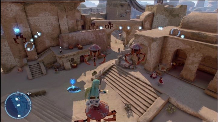 This Kyber brick is on one of the droids flying above the surface - LEGO Skywalker Saga: Mos Espa - list of all puzzles - LEGO Skywalker Saga: Tatooine - LEGO Skywalker Saga Guide