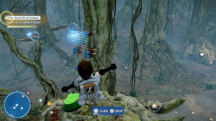 The brick levitates next to the vertical platforms for hanging nets - see picture above - LEGO Skywalker Saga: Dragonsnake Bog - list of all puzzles - LEGO Skywalker Saga: Dagobah - LEGO Skywalker Saga Guide