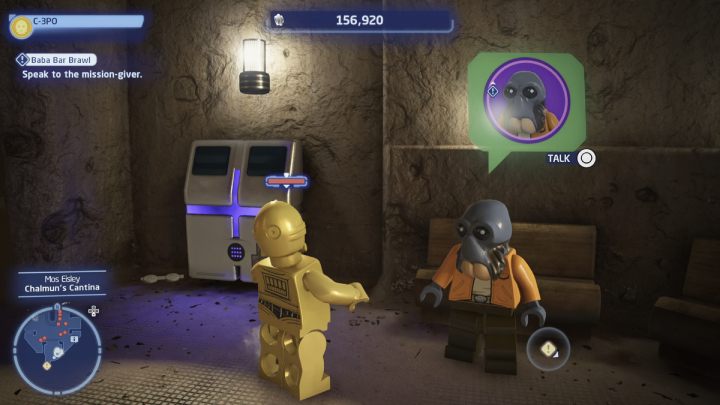 While controlling the protocol droid, talk to the quest giver at the door in the canteen - LEGO Skywalker Saga: Baba Bar Brawl - walkthrough - LEGO Skywalker Saga: Tatooine - Mos Eisley - LEGO Skywalker Saga Guide