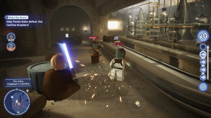 Switch to any other character because droids cannot enter the bar and defeat all 20 enemies in the canteen - LEGO Skywalker Saga: Baba Bar Brawl - walkthrough - LEGO Skywalker Saga: Tatooine - Mos Eisley - LEGO Skywalker Saga Guide