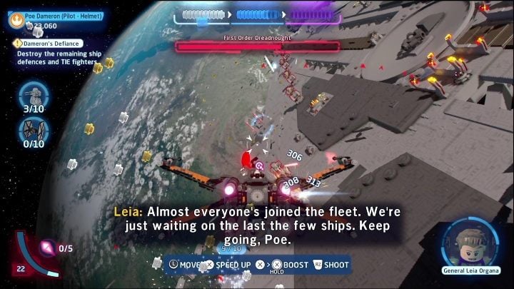 You will receive the first part for destroying 10 red glowing objects attached to the ship - LEGO Skywalker Saga: The Last Jedi - list of collectibles and rewards - LEGO Skywalker Saga: Minikits - LEGO Skywalker Saga Guide