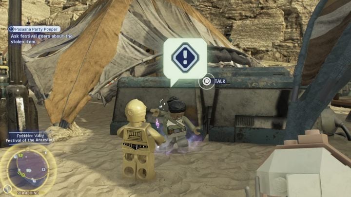 Then talk to the woman who is dancing by the tents - LEGO Skywalker Saga: Pasaana Party Pooper - walkthrough - LEGO Skywalker Saga: Pasaana - Forbidden Valley - LEGO Skywalker Saga Guide