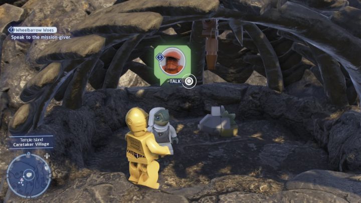 While controlling the Protocol Droid, talk to the quest giver and accept the quest - LEGO Skywalker Saga: Wheelbarrow Woes - walkthrough - LEGO Skywalker Saga: Ahch-To - Island with a temple - LEGO Skywalker Saga Guide