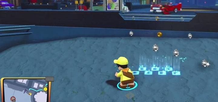 Follow the blue trail straight to the treasure. - Financial District | LEGO The Incredibles - Maps of challenges and golden bricks - LEGO The Incredibles Game Guide