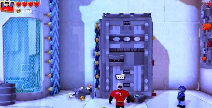 Pick up the block and carry it to the left, allowing Gazerbeam to climb up. - Return to Nomanisan Island - Level 10 in LEGO The Incredibles Walkthrough - Walkthrough - LEGO The Incredibles Game Guide
