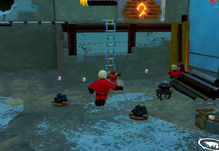 Lower the ladder for the rest of the team. - The Final Showdown - Level 12 in LEGO The Incredibles Walkthrough - Walkthrough - LEGO The Incredibles Game Guide