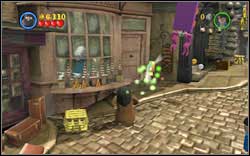 Slytherin (green): Right after getting onto the Diagon Alley, approach the first window on the left and wave to the woman behind the window - LEGO Harry Potter Years 1-4: Year 1 Bonuses - Walkthrough - Secrets and Collectibles - LEGO Harry Potter Years 1-4 Guide & Walkthrough