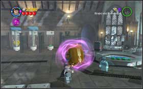 Approach the wizard painting - in one of the cabinets on the right you will find a couple bricks - assemble an umbrella from them - LEGO Harry Potter Years 1-4: Year 4 Part 2 - Walkthrough - Walkthrough - LEGO Harry Potter Years 1-4 Guide & Walkthrough