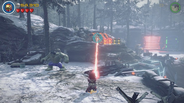 Walk towards the place shown on the picture as Iron Man and aim the laser at the golden chains blocking the wood - Struck Off the List - Walkthrough - LEGO Marvels Avengers - Game Guide and Walkthrough