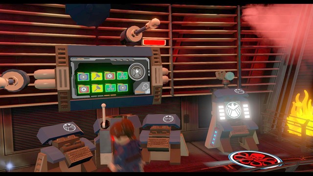 Use the computer on the other side - after activation it will put out the fire and scatter bricks on the ground - Helicarrier Havoc - Walkthrough - LEGO Marvels Avengers - Game Guide and Walkthrough