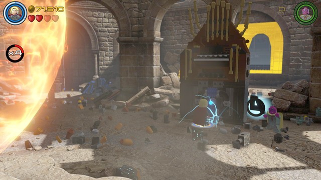 During the battle you must repeat the previous steps with reflecting bullets and eliminating Ultrons backup until you see another element drop to the ground - Ultron Undone - Walkthrough - LEGO Marvels Avengers - Game Guide and Walkthrough