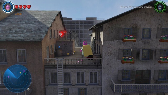 Fly on the roof of the building shown on the picture and shoot the two opposite shields to unlock access to the container - Golden bricks - Sokovia - secrets - LEGO Marvels Avengers - Game Guide and Walkthrough