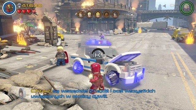 Fifth Minikit is obtained by driving the police car to the place where you can find the knocked over bus (on the other side) - Minikits - Avengers Assemble - secrets - LEGO Marvels Avengers - Game Guide and Walkthrough