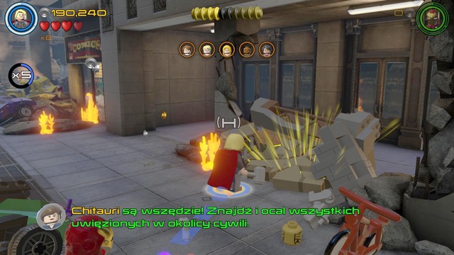 Walk to the right side while saving civilians and use Thor character to destroy the cracked LEGO object - Characters - Avengers Assemble - secrets - LEGO Marvels Avengers - Game Guide and Walkthrough