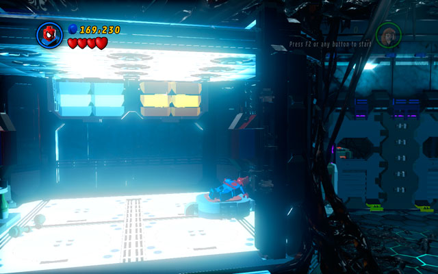After the fight enter to the frozen, blue room on the right and step on the red button - Exploratory Laboratory | Walkthrough - Walkthrough - LEGO Marvel Super Heroes Game Guide & Walkthrough