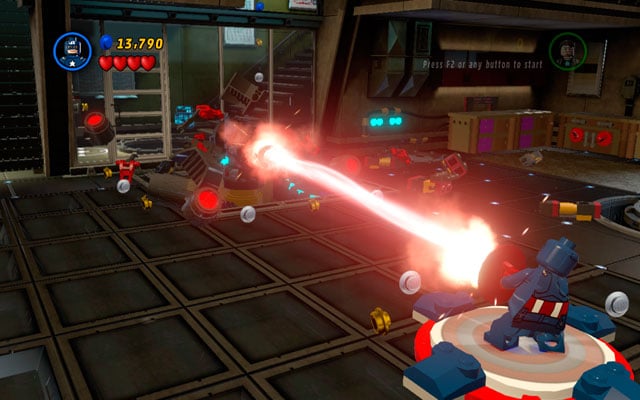 On the other side of the corridor, concentrate enemys fire on Captain America - cover yourself behind the shield and stand on the panel on the right - Rebooted, Resuited | Walkthrough - Walkthrough - LEGO Marvel Super Heroes Game Guide & Walkthrough