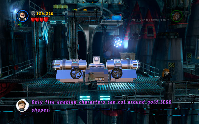 Choose Human Torch and melt golden wall at the opposite side of the area, so all of the characters can move to the upper floor - Red Head Detention | Walkthrough - Walkthrough - LEGO Marvel Super Heroes Game Guide & Walkthrough