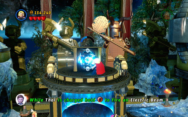 Switch to Thor and fly to the battery located above, then charge it with electricity - in this way you will turn the lift on - Bifrosty Reception | Walkthrough - Walkthrough - LEGO Marvel Super Heroes Game Guide & Walkthrough