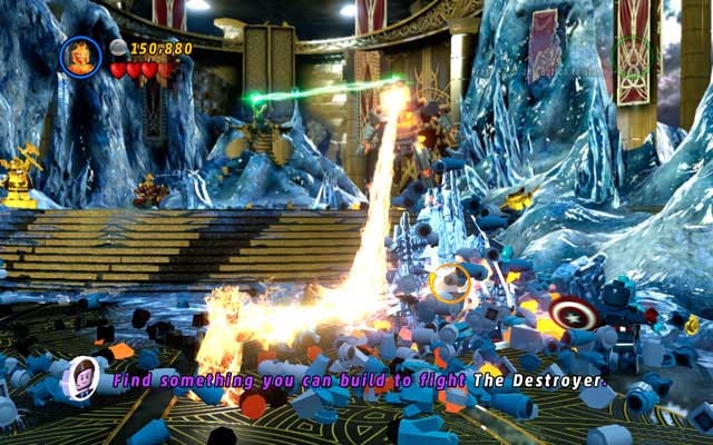 Wait for an ice block to appear, then melt it with Human Torch and build another platform for Captain America from the debris - Bifrosty Reception | Walkthrough - Walkthrough - LEGO Marvel Super Heroes Game Guide & Walkthrough
