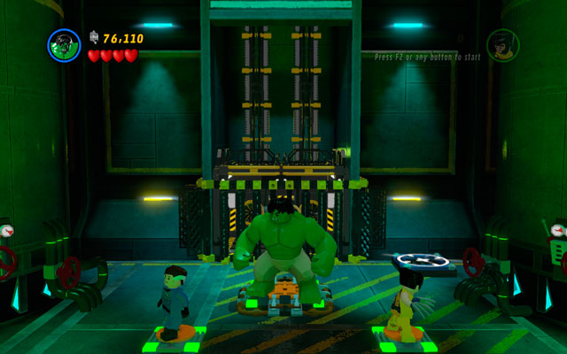 When all your heroes are standing at the opposite side of the acid container, you can use three panels to call a lift - Taking Liberties | Walkthrough - Walkthrough - LEGO Marvel Super Heroes Game Guide & Walkthrough