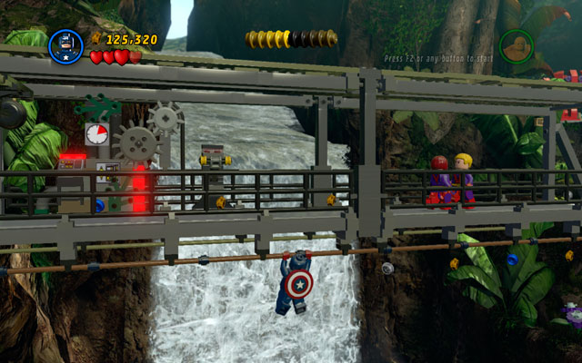 Go to the guarded bridge, then choose Captain America and turn to the right - Rapturous Rise | Walkthrough - Walkthrough - LEGO Marvel Super Heroes Game Guide & Walkthrough