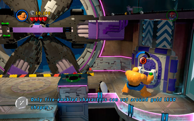 Switch into the Thing and yank two green handles on the right side of the location - A Doom With a View | Walkthrough - Walkthrough - LEGO Marvel Super Heroes Game Guide & Walkthrough