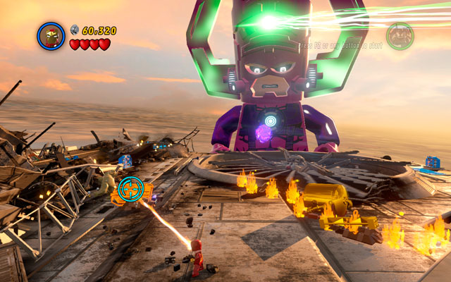 At the second wing of Helicarrier use Iron Mans fire beam to melt the golden brick lying on the left side - The Good, the Bad and the Hungry | Walkthrough - Walkthrough - LEGO Marvel Super Heroes Game Guide & Walkthrough