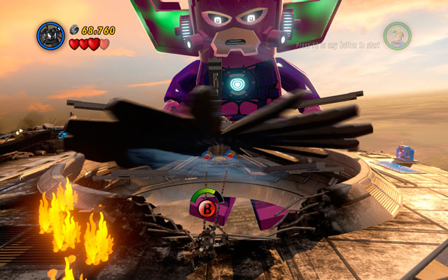 Turn right and melt golden boiler, then switch into Venom and jump over the flames, so you can use a spider sense near to the rotors - The Good, the Bad and the Hungry | Walkthrough - Walkthrough - LEGO Marvel Super Heroes Game Guide & Walkthrough