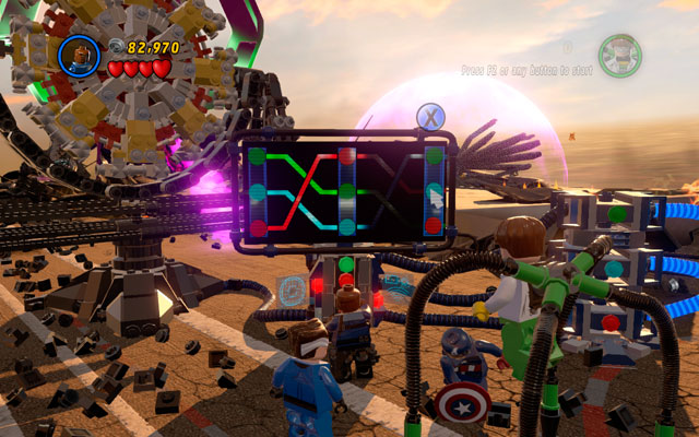 Use a computer to resolve the riddle - you must arrange all buttons to fit each other (click on every column two times to do that) - The Good, the Bad and the Hungry | Walkthrough - Walkthrough - LEGO Marvel Super Heroes Game Guide & Walkthrough