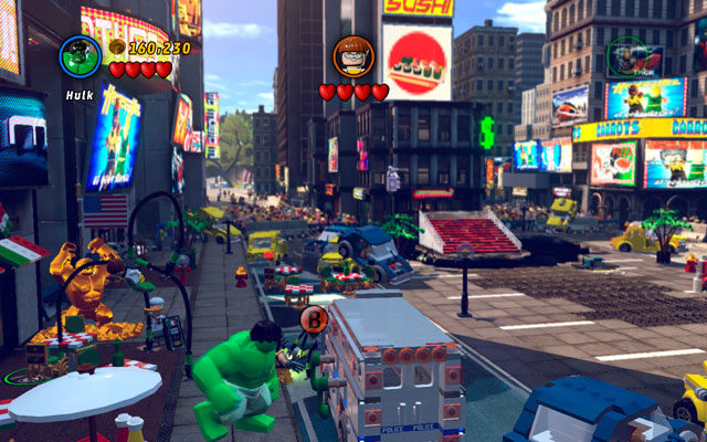 During the fight with Doctor Octopus choose a big character (like Hulk) and lift up the police van standing on the left - Times Square Off | Minikit Sets - Minikit Sets - LEGO Marvel Super Heroes Game Guide & Walkthrough