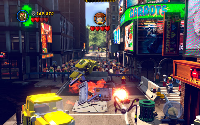 Go to the opposite corner of the arena and look for the silver car - Times Square Off | Minikit Sets - Minikit Sets - LEGO Marvel Super Heroes Game Guide & Walkthrough