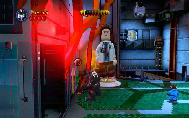 Standing near to the lift pit choose any big character (like Hulk) and yank two green handles located on the left - Exploratory Laboratory | Minikit Sets - Minikit Sets - LEGO Marvel Super Heroes Game Guide & Walkthrough