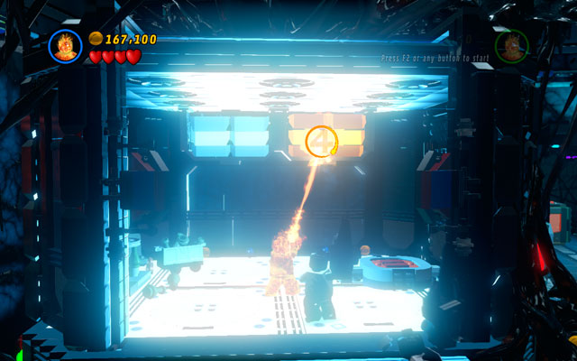 On the same floor turn left and enter the big shining room with the red button hidden inside - Exploratory Laboratory | Minikit Sets - Minikit Sets - LEGO Marvel Super Heroes Game Guide & Walkthrough