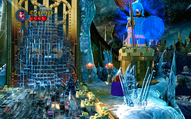 On the bridge leading to Asgard choose Magneto and approach to the statue on the right - Bifrosty Reception | Minikit Sets - Minikit Sets - LEGO Marvel Super Heroes Game Guide & Walkthrough