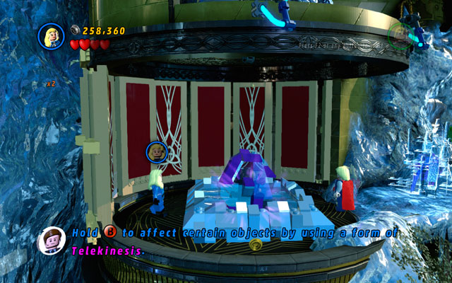 Choose a character with telekinetic skills (like Jean Grey or Invisible Woman) to draw your minikit from the frozen spring - Bifrosty Reception | Minikit Sets - Minikit Sets - LEGO Marvel Super Heroes Game Guide & Walkthrough