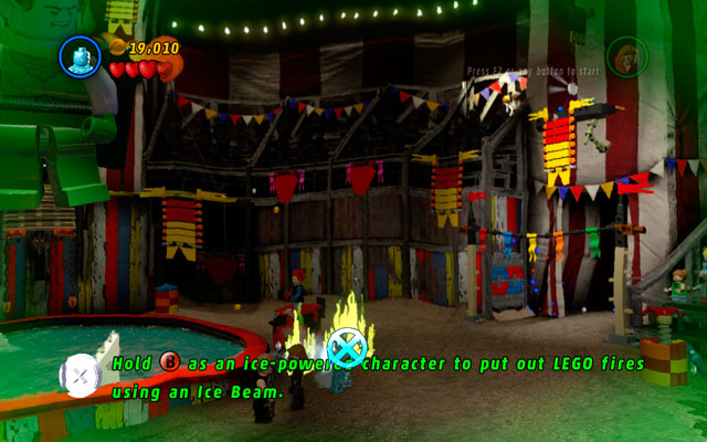 As Iceman you must use your ice beam ability to put out all fires - Stunt Show Surprise | Maps - Maps - LEGO Marvel Super Heroes Game Guide & Walkthrough