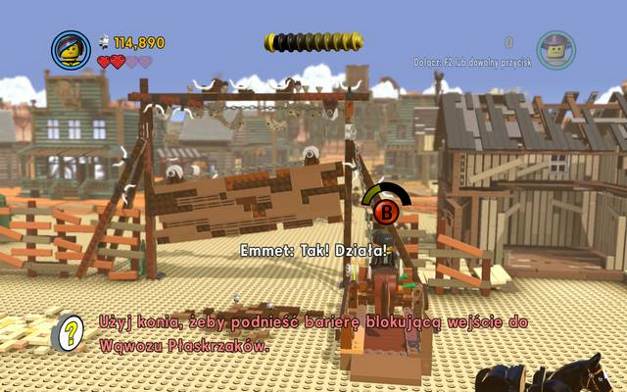 Open the gate while riding the horse along the track - Flatbush Gulch - The story mode - The LEGO Movie Videogame - Game Guide and Walkthrough