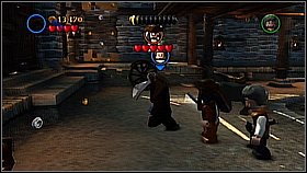 Get on the donkey and ride it to pull the mechanism on the left - Port Royale - walkthrough - The Curse of the Black Pearl - LEGO Pirates of the Caribbean: The Video Game - Game Guide and Walkthrough