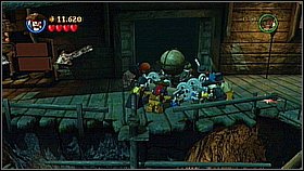 Go up using the elevator with the pirate and climb upstairs - The Brethren Court - walkthrough - At World's End - LEGO Pirates of the Caribbean: The Video Game - Game Guide and Walkthrough