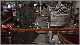 Climb, go right and get to the other side of the street using the rope - London Town - walkthrough - On Stranger Tides - LEGO Pirates of the Caribbean: The Video Game - Game Guide and Walkthrough