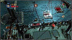 While up grab the shotgun and shoot at the hanging target - Queen Annes Revenge - walkthrough - On Stranger Tides - LEGO Pirates of the Caribbean: The Video Game - Game Guide and Walkthrough