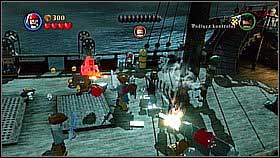On the another mast hit the clasp holding the chest - Queen Annes Revenge - walkthrough - On Stranger Tides - LEGO Pirates of the Caribbean: The Video Game - Game Guide and Walkthrough